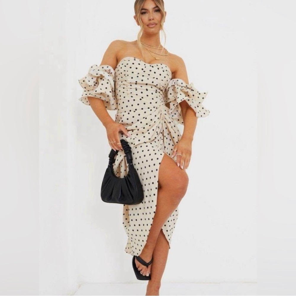 Pretty Little Thing Polka Dot Bardot Frill Sleeve Draped Midi Dress